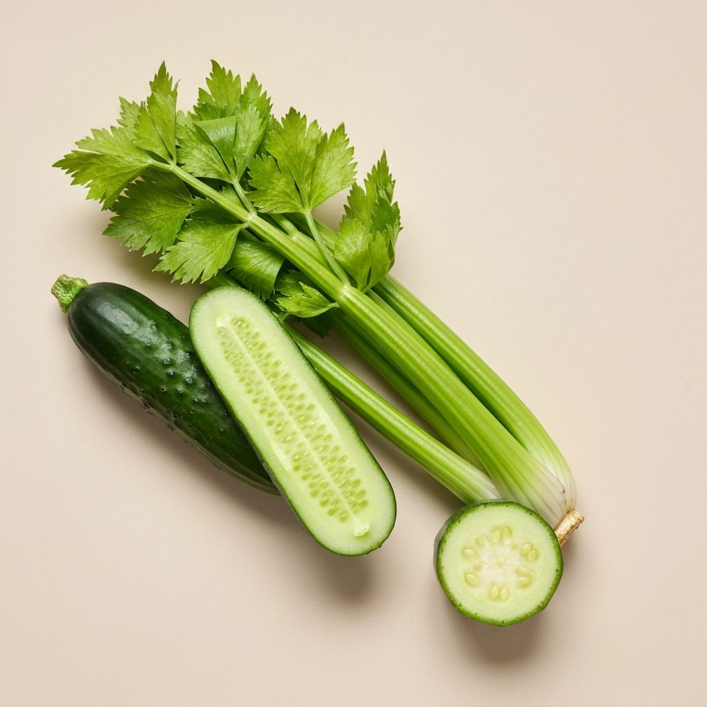 Fresh cucumber sliced lengthwise, celery bunch with leaves, and courgette cross-section