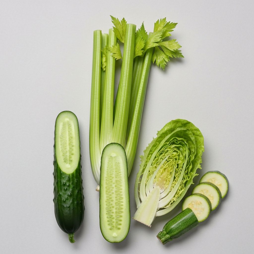 Cross-sections of cucumber, celery, lettuce, and zucchini showing high water content