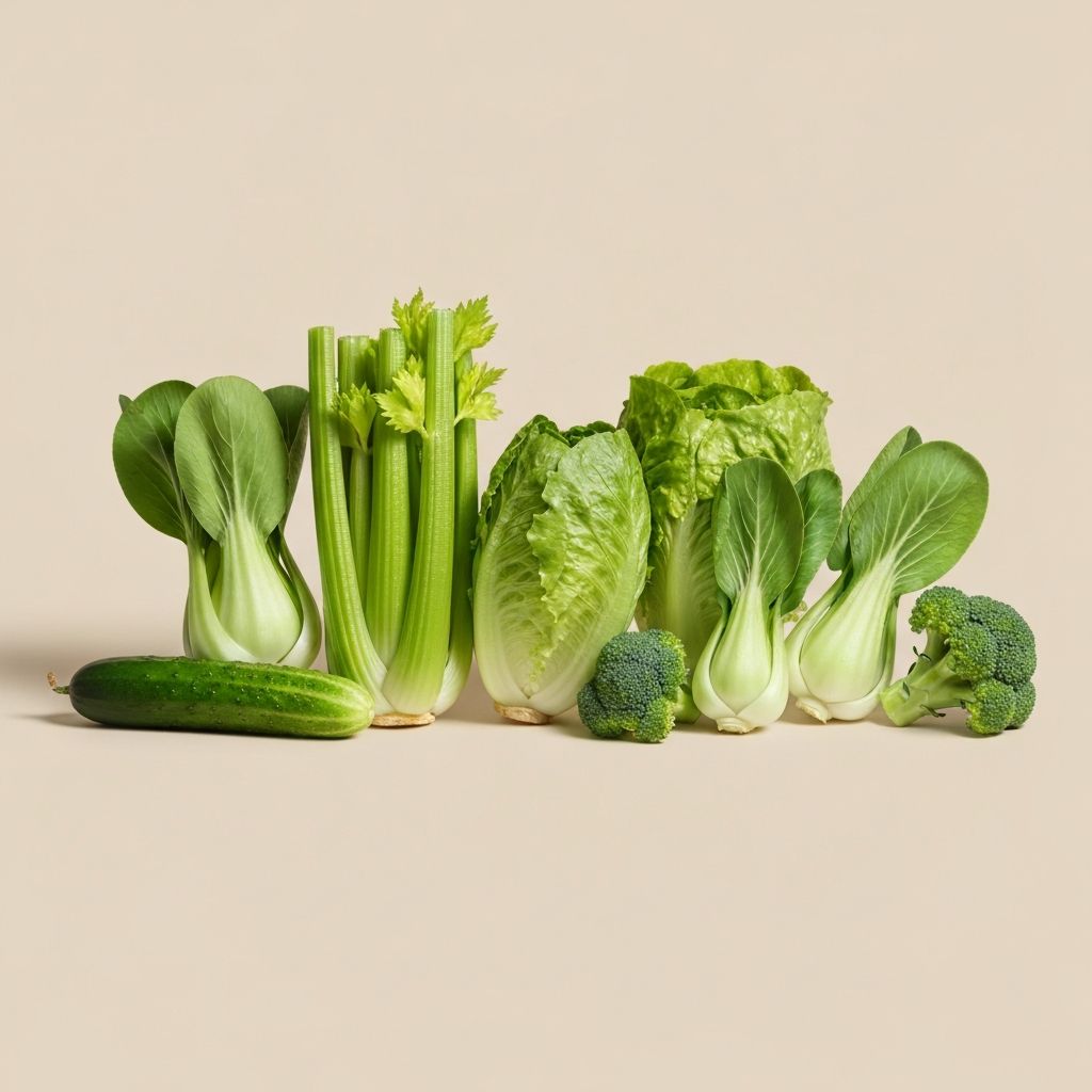 Assorted fresh vegetables including cucumber, celery, lettuce, and broccoli